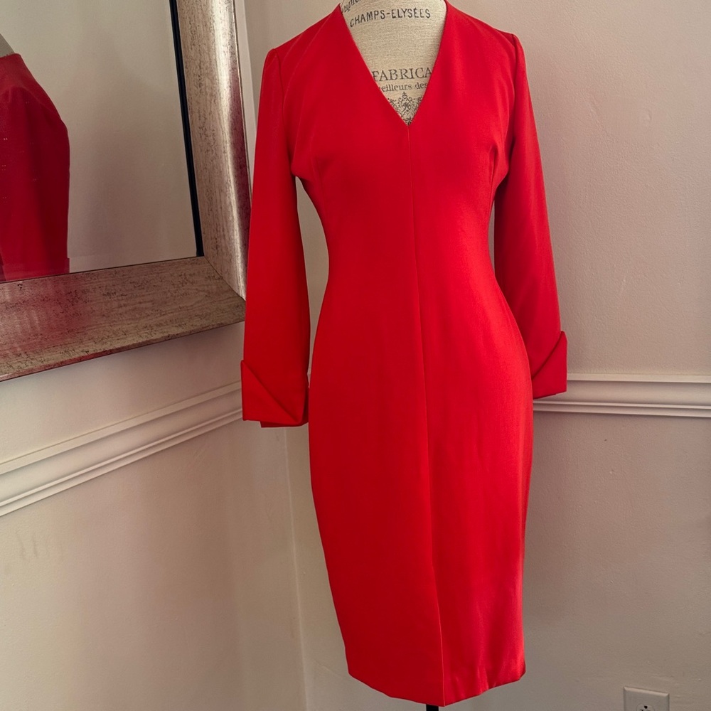Black Halo Vibrant V-Neck Red Long Sleeve Dress | Size 8 US